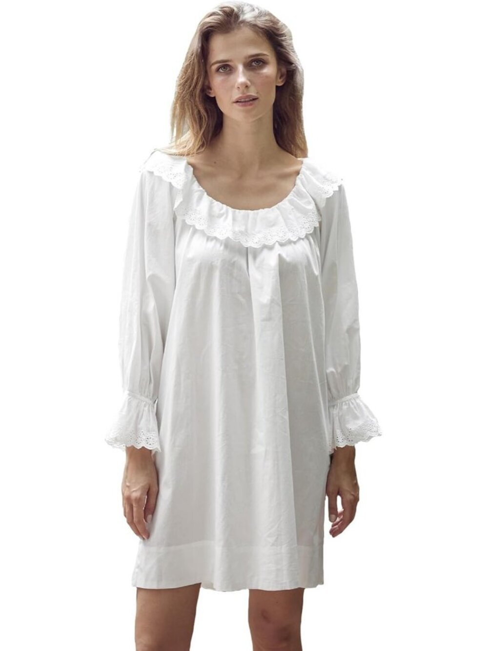 100% Cotton Women's Renaissance Peasant Nightgown, Ruffled Sleeve, Lace Trim
